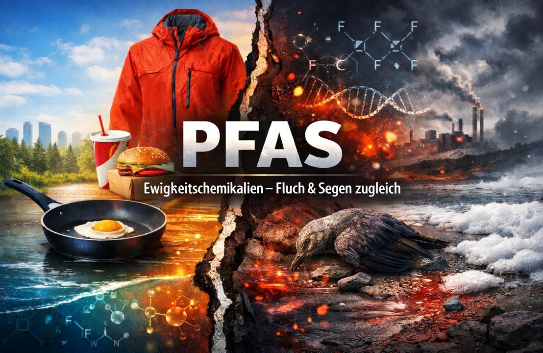linke Seite Beispiele für PFAS-Anwendungen, Outdoorjacken und Teflonpfannen, rechte Seite Beispiele für die negativen PFAS-Folgen wie Verschmutzung von Wasser und Luft