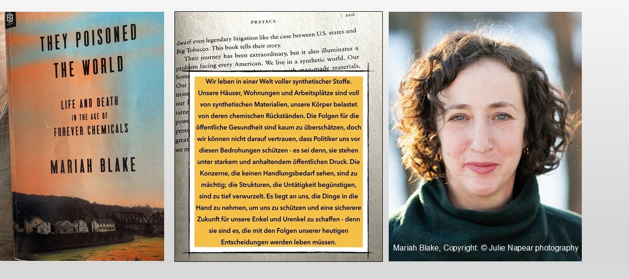 nebeneinander ein Buchcover (They piosoned the world), ein Textauszug sowie das Pressefoto von Mariah Blake