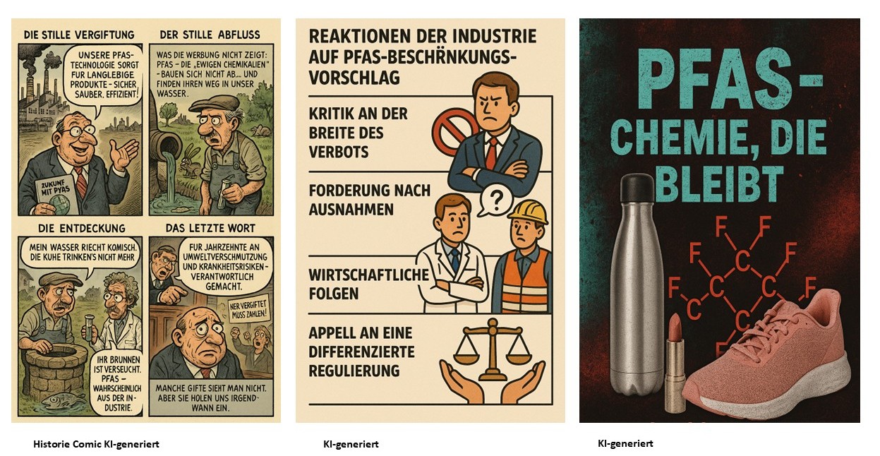 drei KI-generierte Bilder - Comic mit Historie der PFAS, Haltung der Industrie zur Beschränkung und die Konsequenzen daraus- Chemie die bleibt