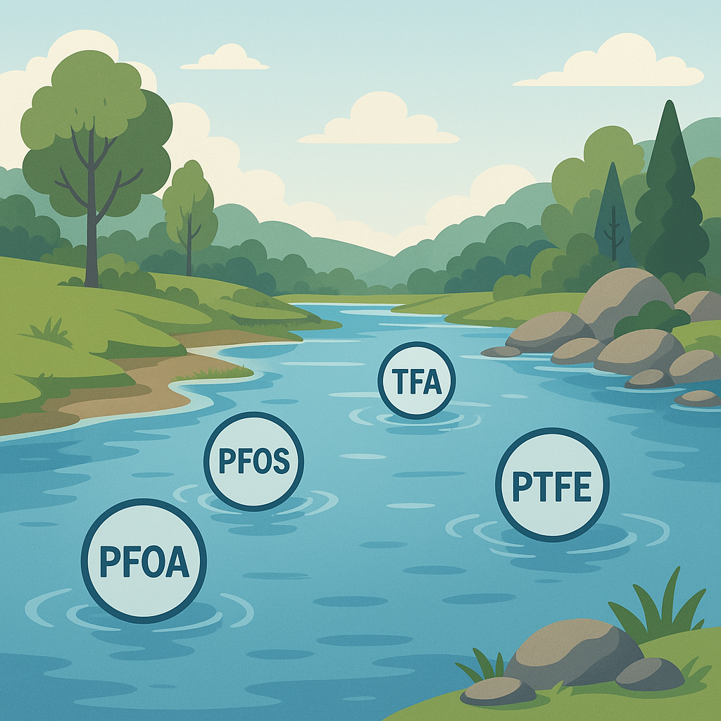 Schema einer Flusslandschaft mit vier Symbolen für vier PFAS